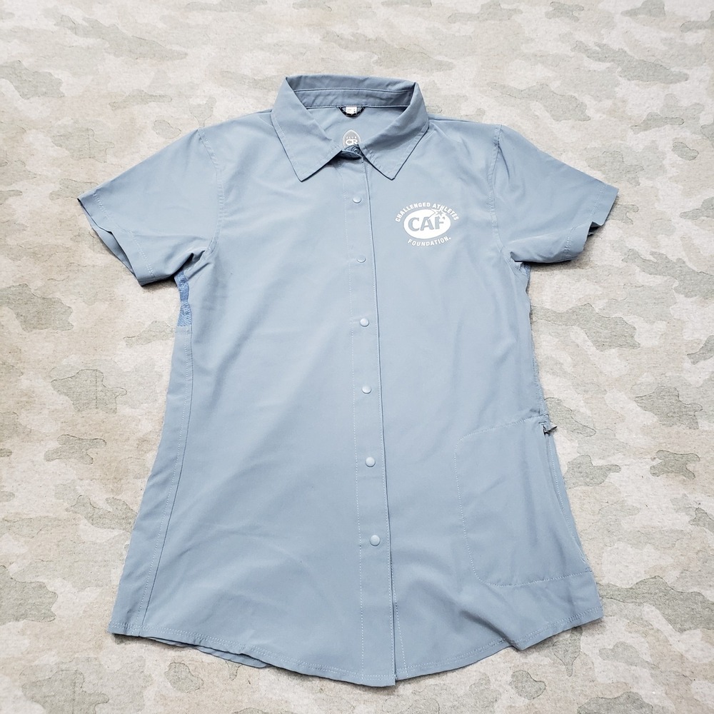 Club Ride Top Womens Small‎ Blue Snap Short Sleeve Branded